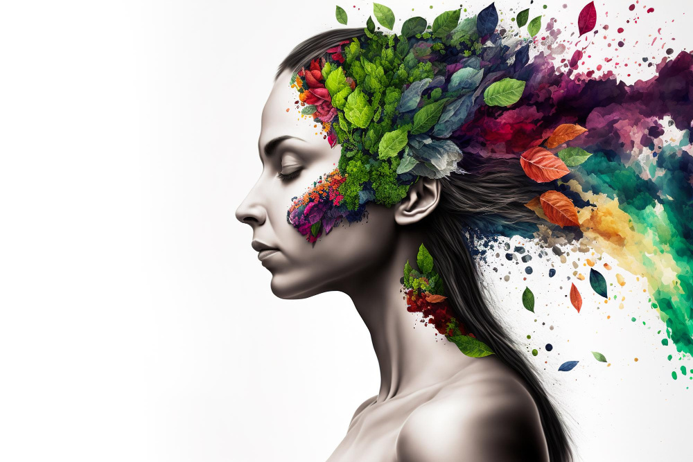 kobieta z ziołami i kwiatami na głowie wylatuje z włosów portret na białym tle